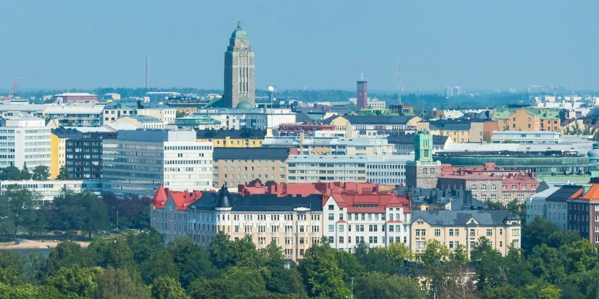 Helsinki skyline across the water with the cathedral and harbour