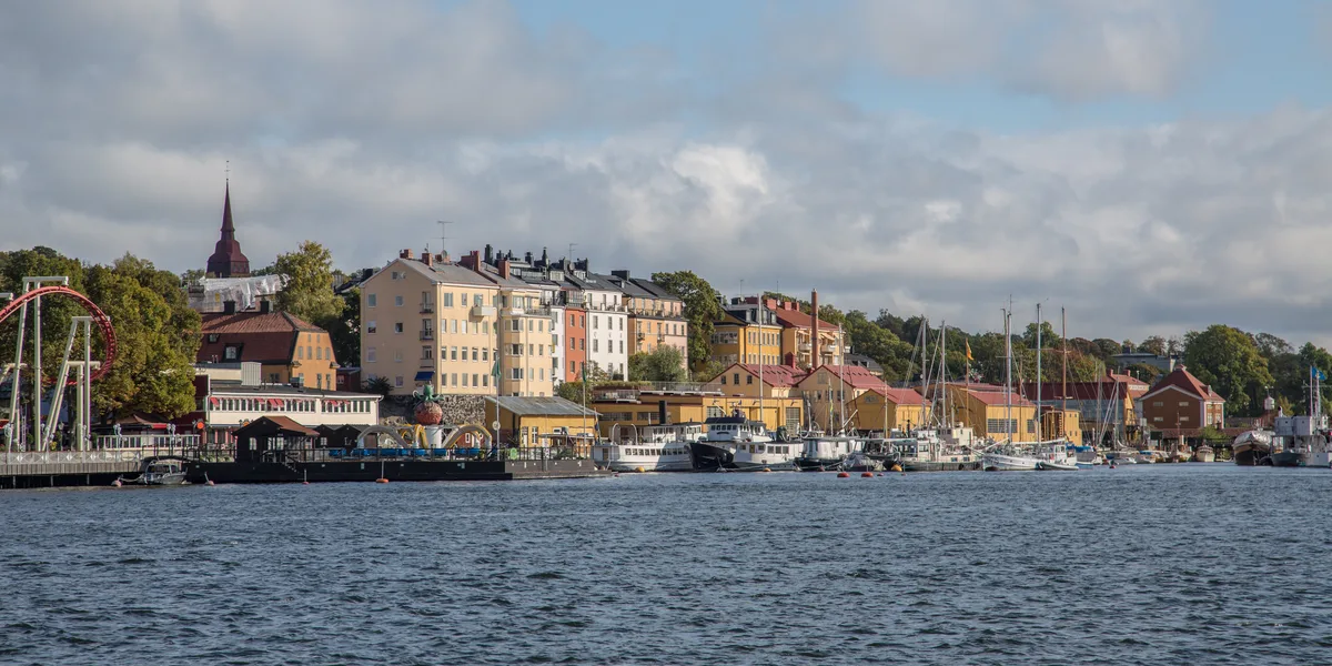 Stockholm skyline across the water at dusk